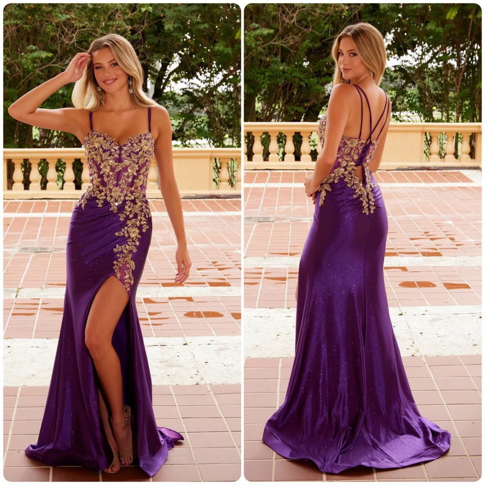 NWT Nox Anabel C1613 Purple Embellished Prom Corset Gown with Slit, Size 12